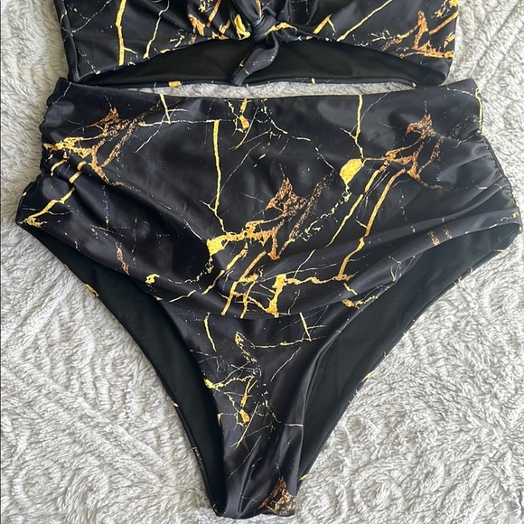 NWOT ZAFUL Black and Gold Marble Print Bikini Set high waist tummy control 6 - Picture 3 of 9